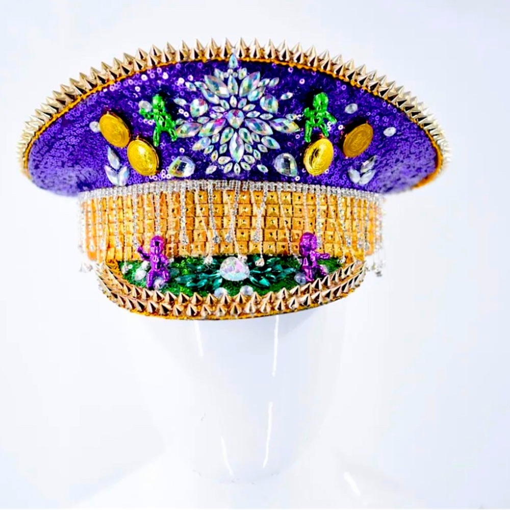 Mardi Gras Captains Hat One-Of-A-Kind Baby Coins Embellished Sequin Gem Fringe